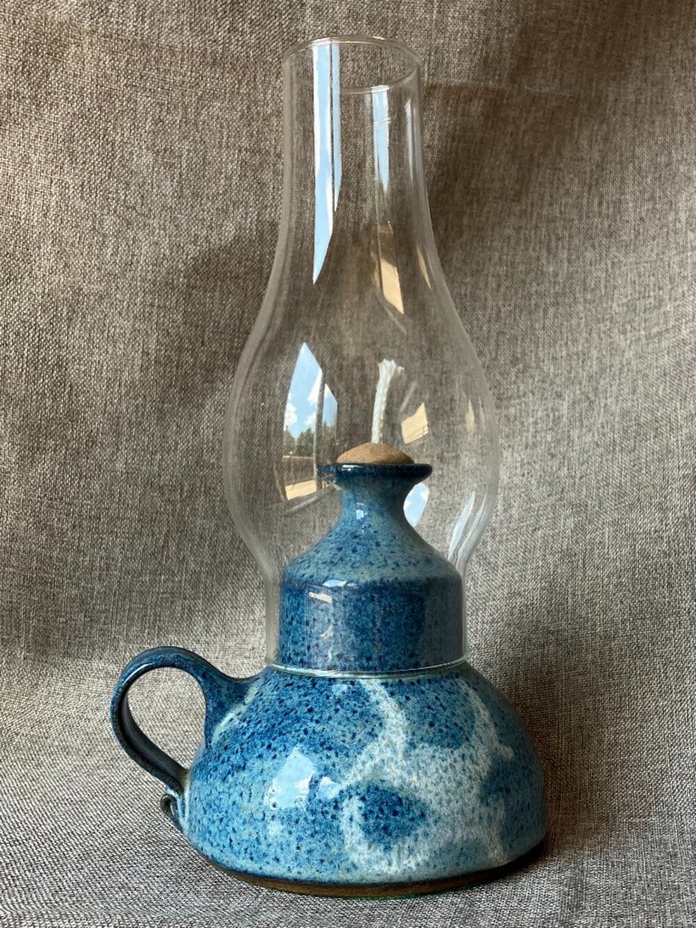Vintage Studio Pottery 11" Oil Lamp – Blue Glaze with Glass Chimney